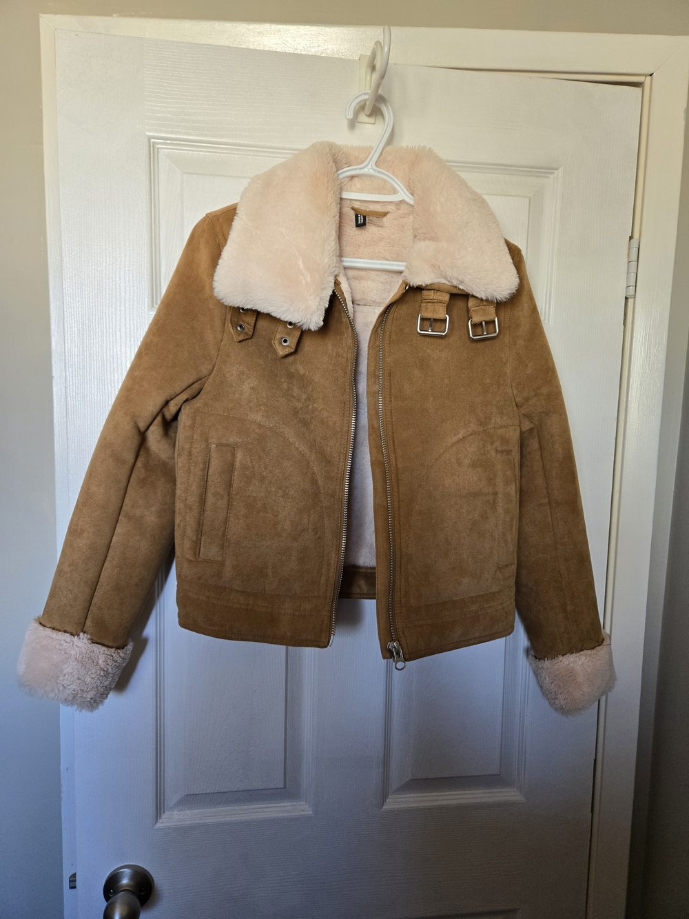 H&M Camel Suede Bomber Jacket with Cream Shearling Trim